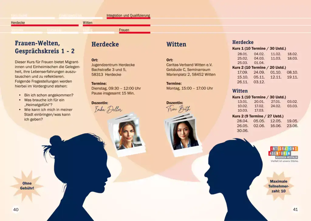 Eine Doppelseite aus dem Caritasverband Witten - Programmheft 2014, Personendaten anonymisiert (Grafik: Marek Schirmer)