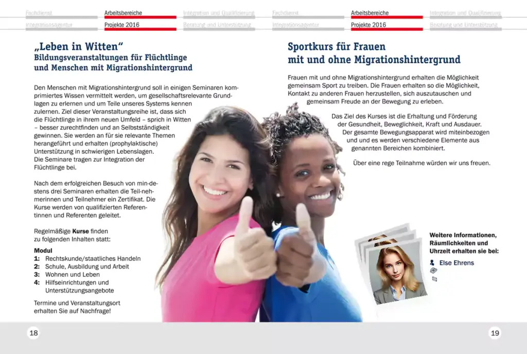 Eine Doppelseite aus dem Caritasverband Witten - Programmheft 2016, Personendaten anonymisiert (Foto: Daniel Ernst / Fotolia)